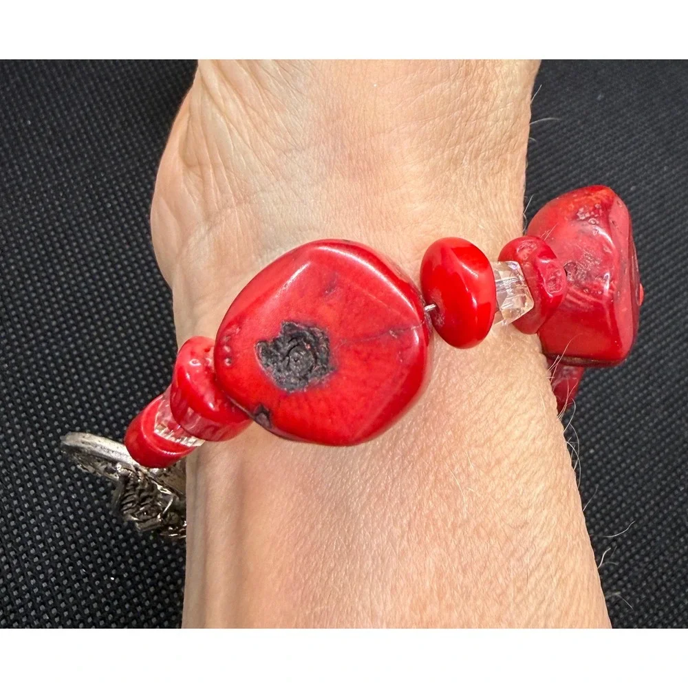 Red Chunky Coral Bead Bracelet Angel Wing Heart Toggle Clasp Boho  8.25